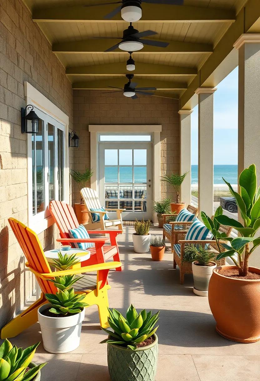 A playful porch⁤ space⁤ filled ⁤with colorful Adirondack chairs, large ‍potted ⁣succulents,‍ and ⁤soft striped cushions, perfectly capturing a laid-back beach⁣ vibe