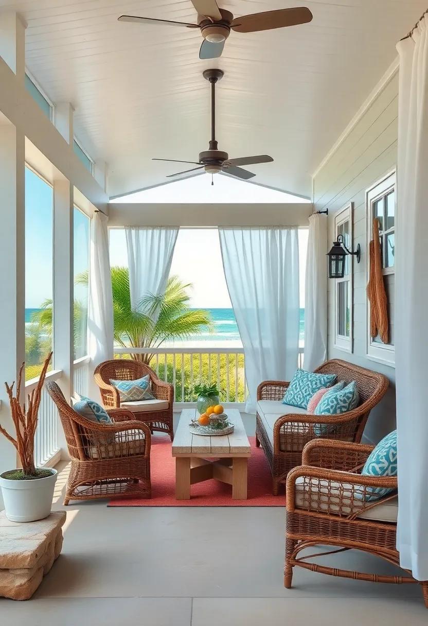 A rustic beach house porch ⁢adorned with weathered driftwood accents, wicker furniture,​ and billowing white curtains that catch the sea breeze