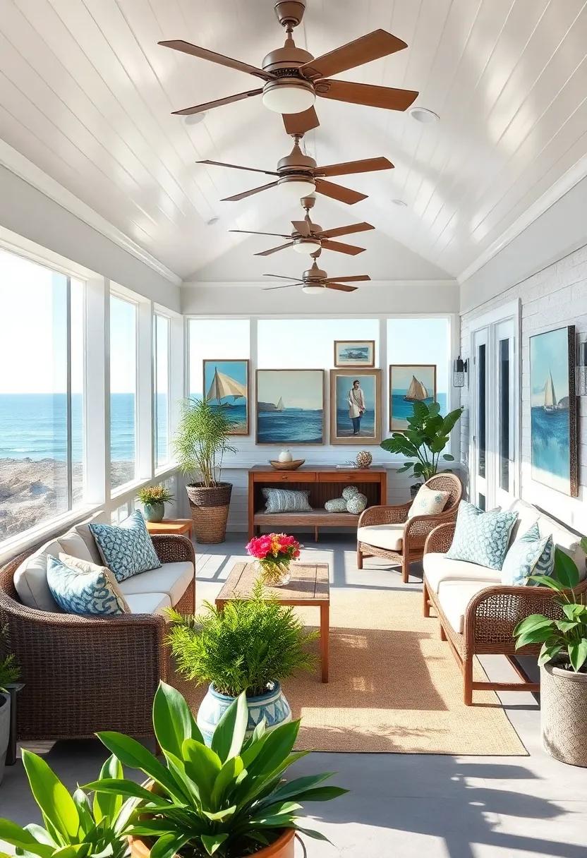 A screened porch with a shiplap⁢ ceiling, vintage ceiling fans, and⁣ a collection of coastal art that tells a story ‍of maritime life beside the‌ ocean