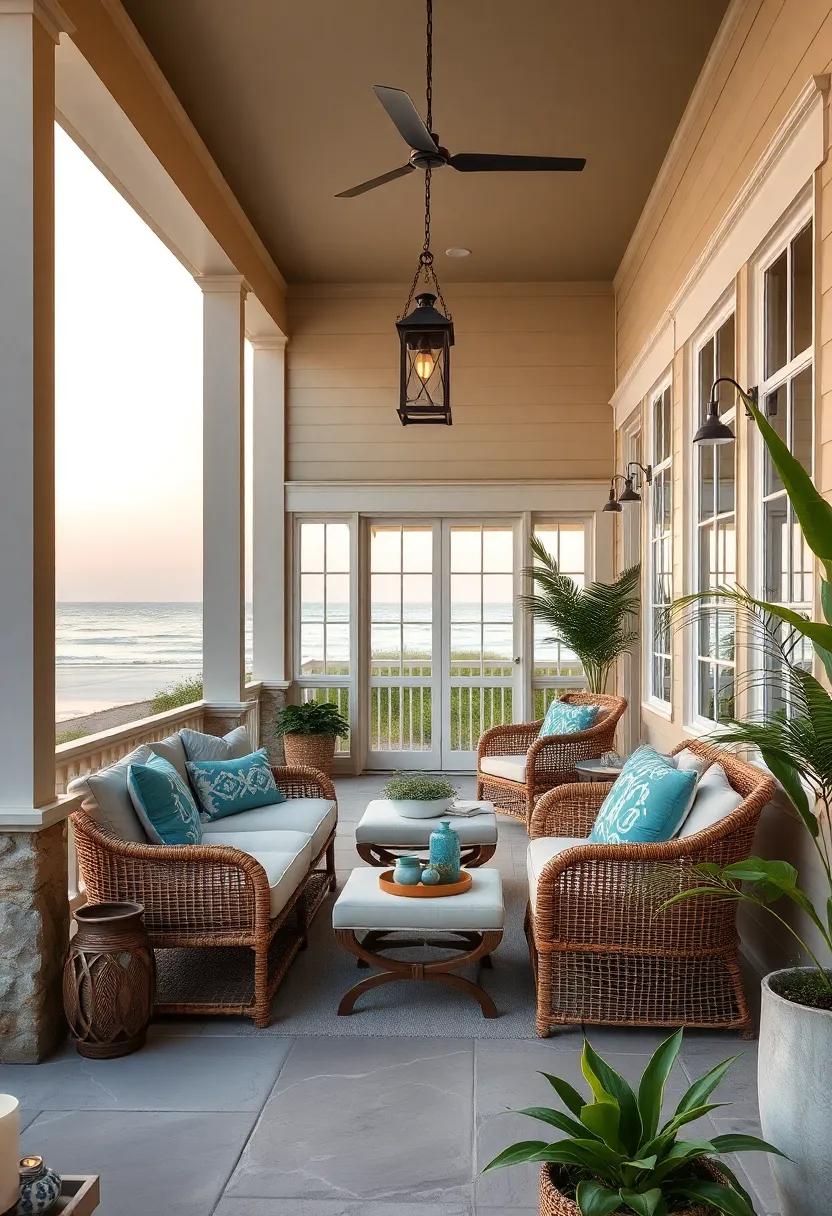 A⁣ serene ⁣porch ⁣painted in⁤ muted sand tones, featuring ​soft‌ rattan daybeds, ocean​ blue‍ accent pillows, and​ hanging​ lanterns that glow softly ⁤at⁤ dusk