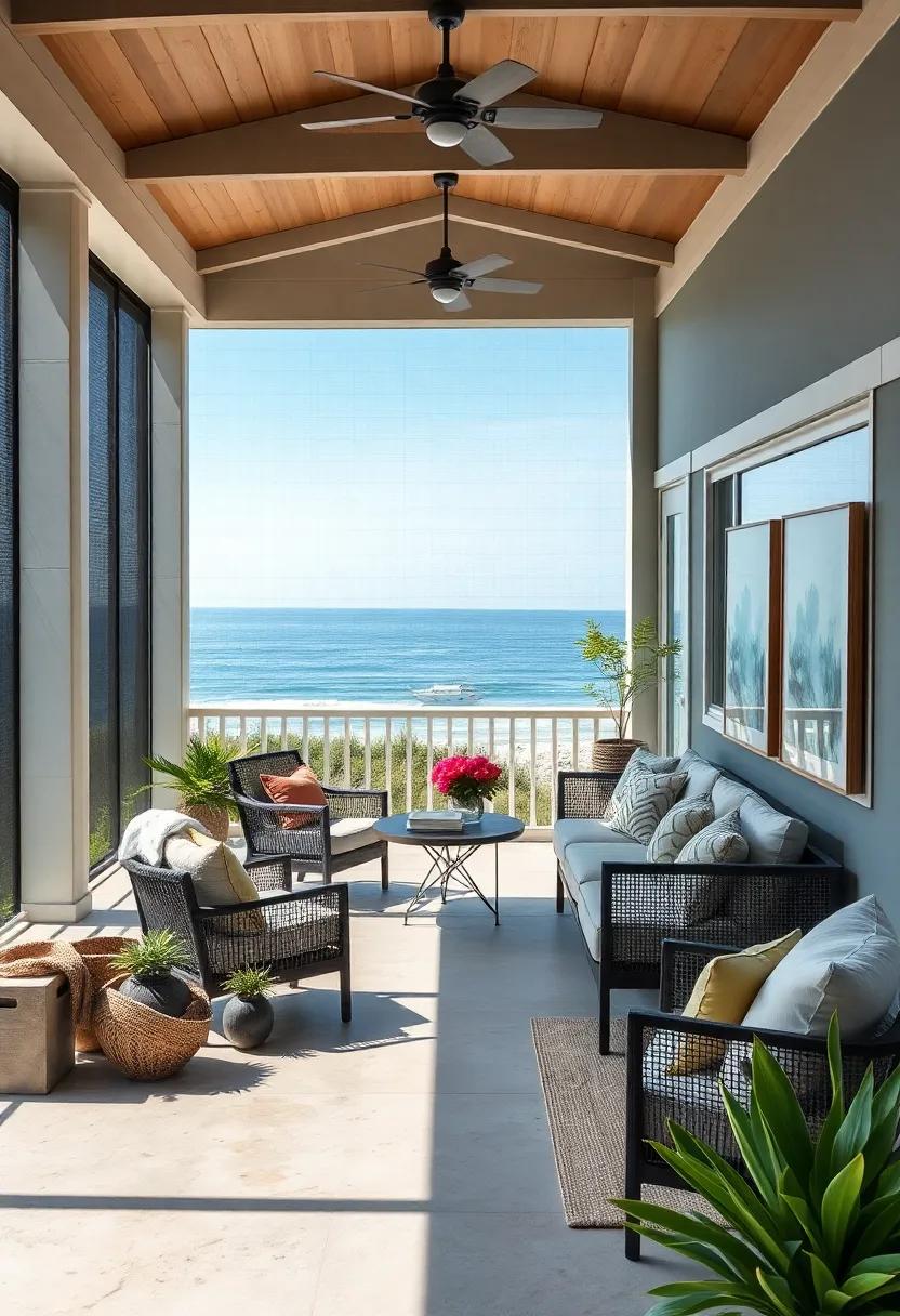 A sleek, coastal-inspired porch‍ with graphite-gray screening, modern outdoor dining set, and subtle coastal art ‍pieces that echo the ocean's⁢ palette