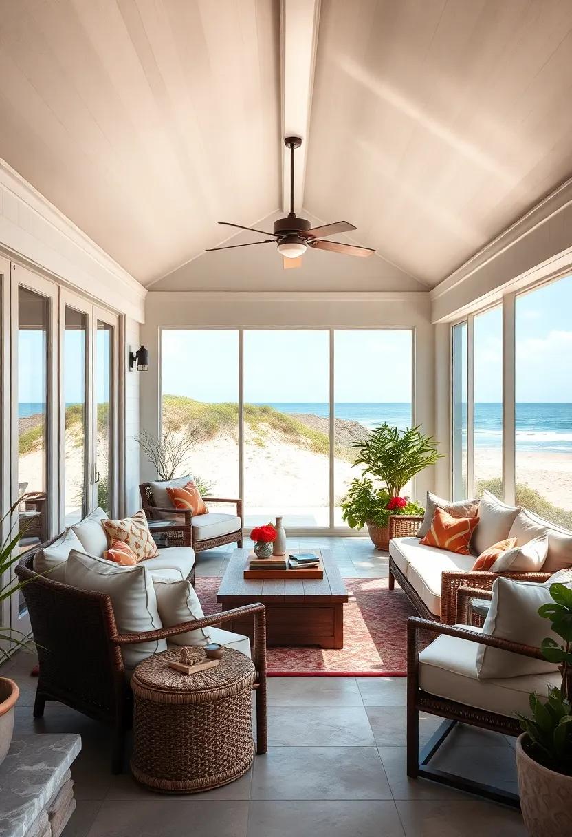 A spacious porch with a vaulted ceiling, ‍furnished with ‌plush linen sofas, nautical ⁣décor,⁣ and⁤ sliding screens that open⁤ directly onto a sandy bluff