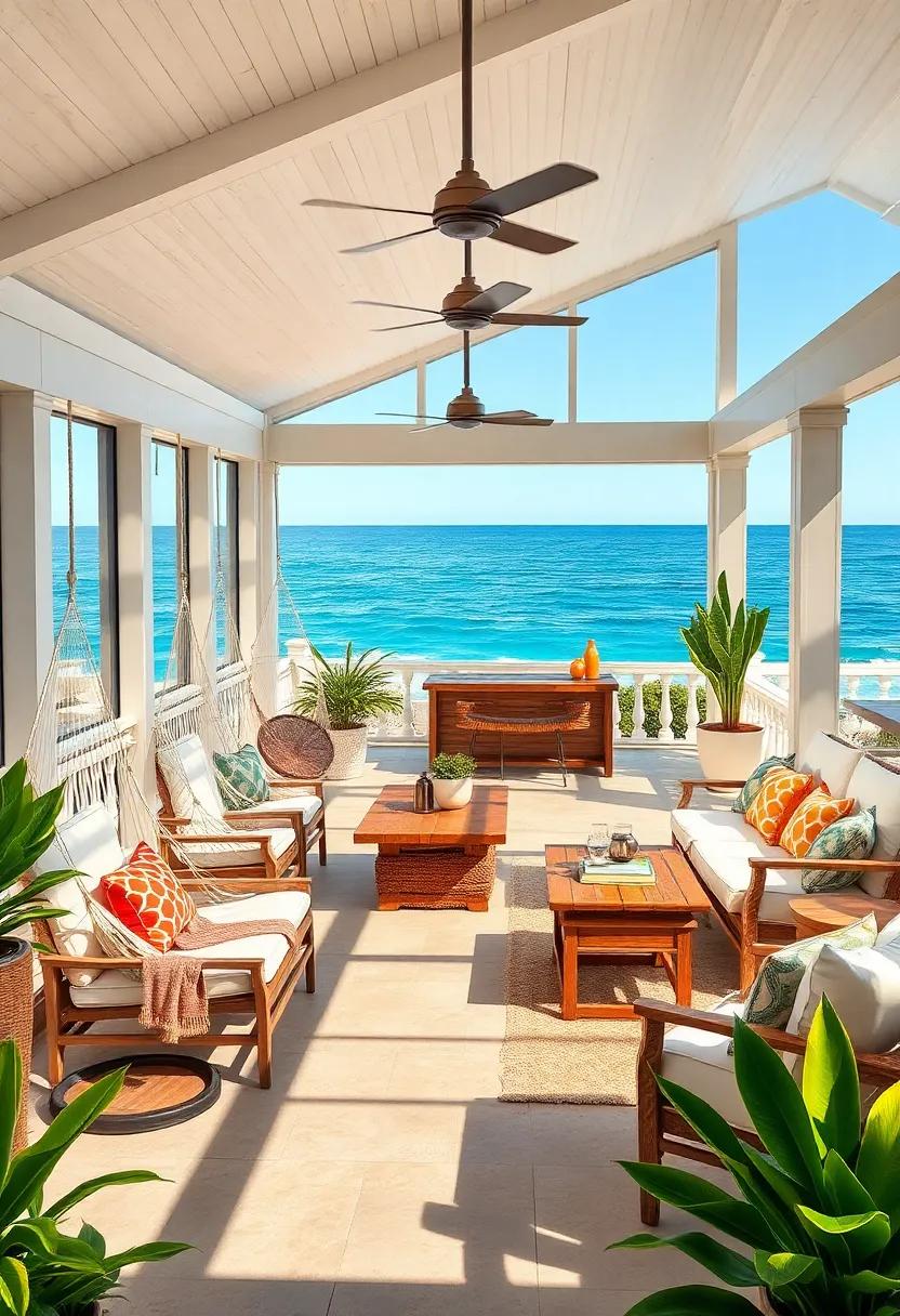 A sprawling porch with ‍hammock chairs, distressed wood tables, and an‌ outdoor bar‌ set ⁢against the⁤ backdrop of endless blue waves