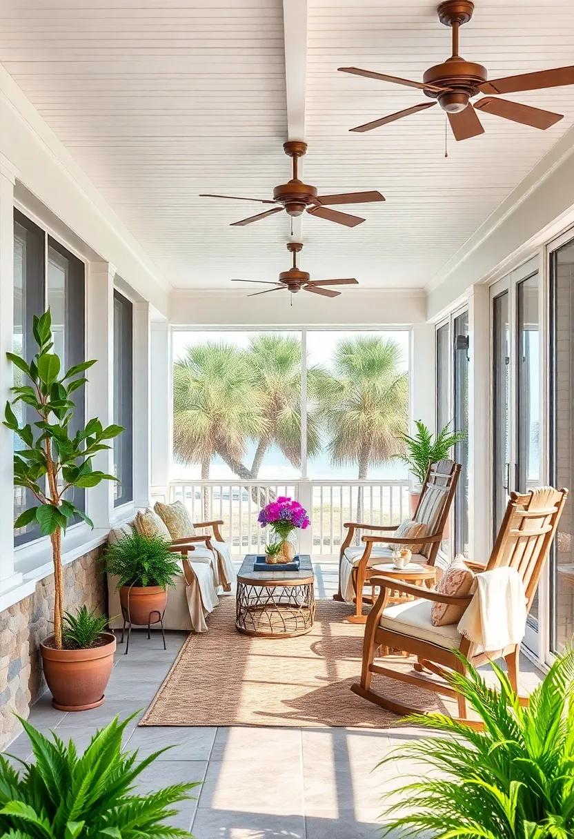A traditional southern-style porch with beadboard ceilings, rocking ‍chairs⁣ draped in light ⁢cotton throws, and ‍ceiling fans to keep⁤ the ocean⁢ breeze flowing