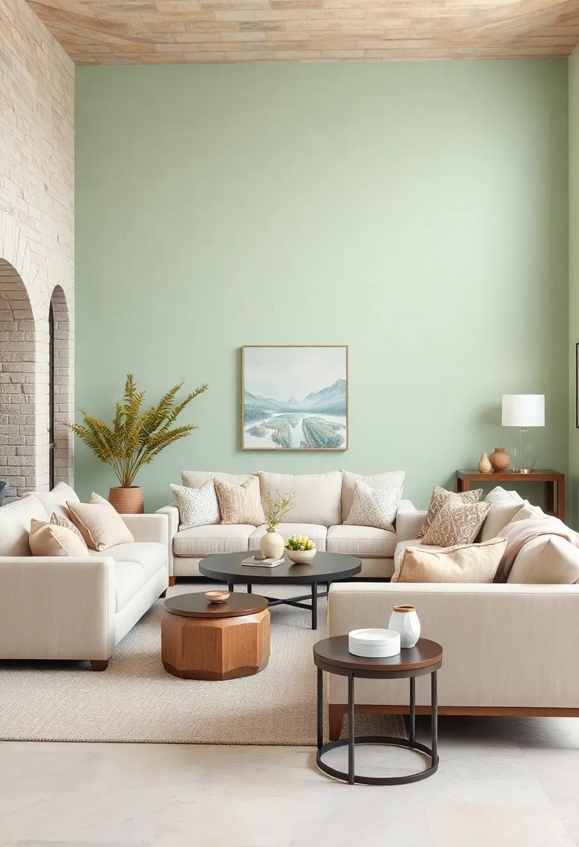 Embrace calmness with plush beige sofas paired against soft mint green walls, creating a serene and inviting living space