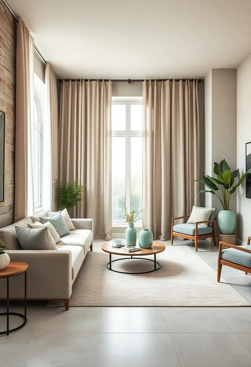 Soften the space with beige linen curtains accented by mint green ceramic vases and planters
