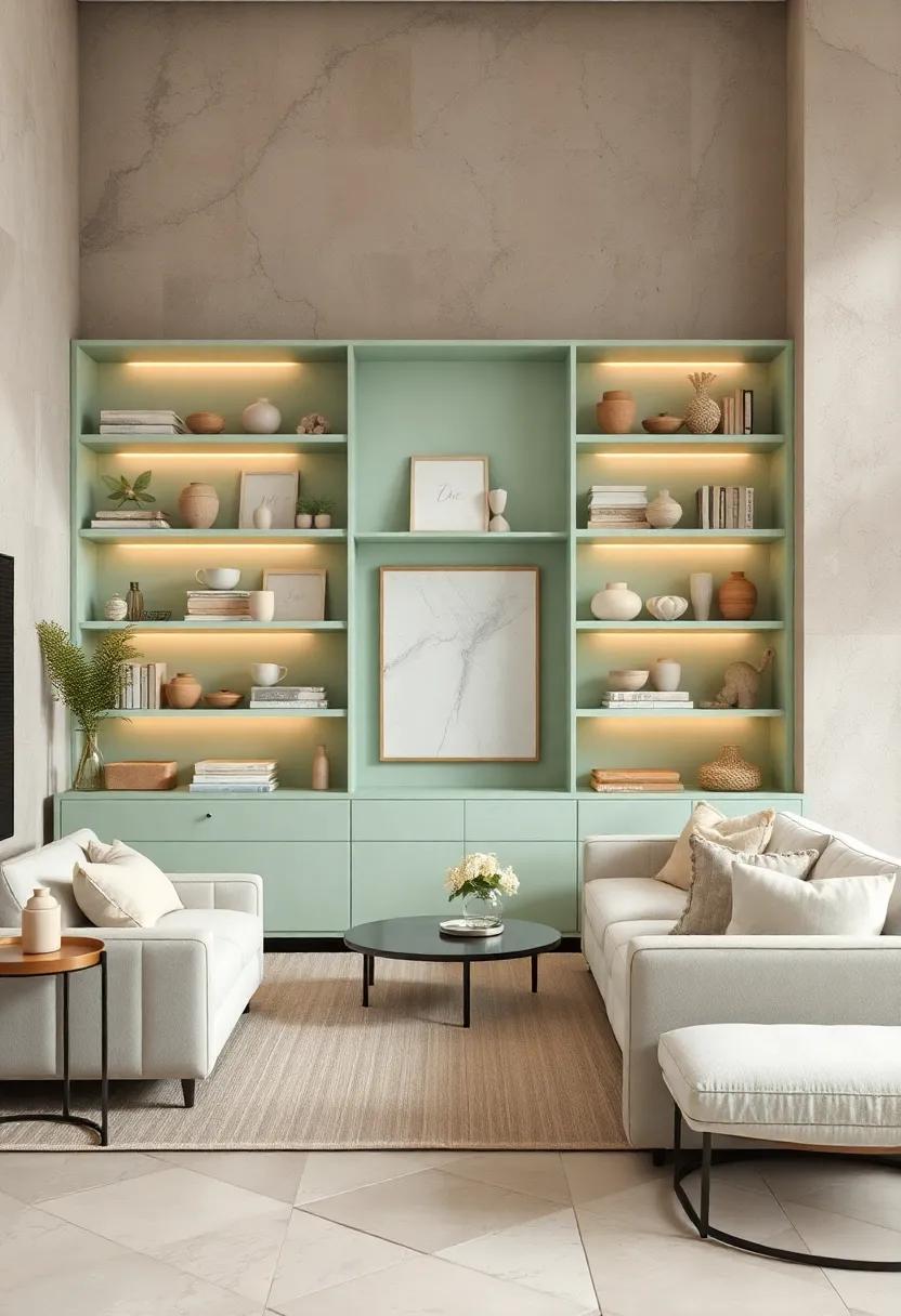 Feature mint green bookshelves filled with neutral beige decor items for a cohesive display