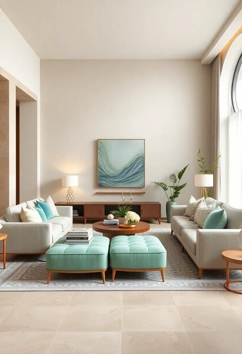 Contrast mint green ottomans against muted beige walls to anchor your living room design