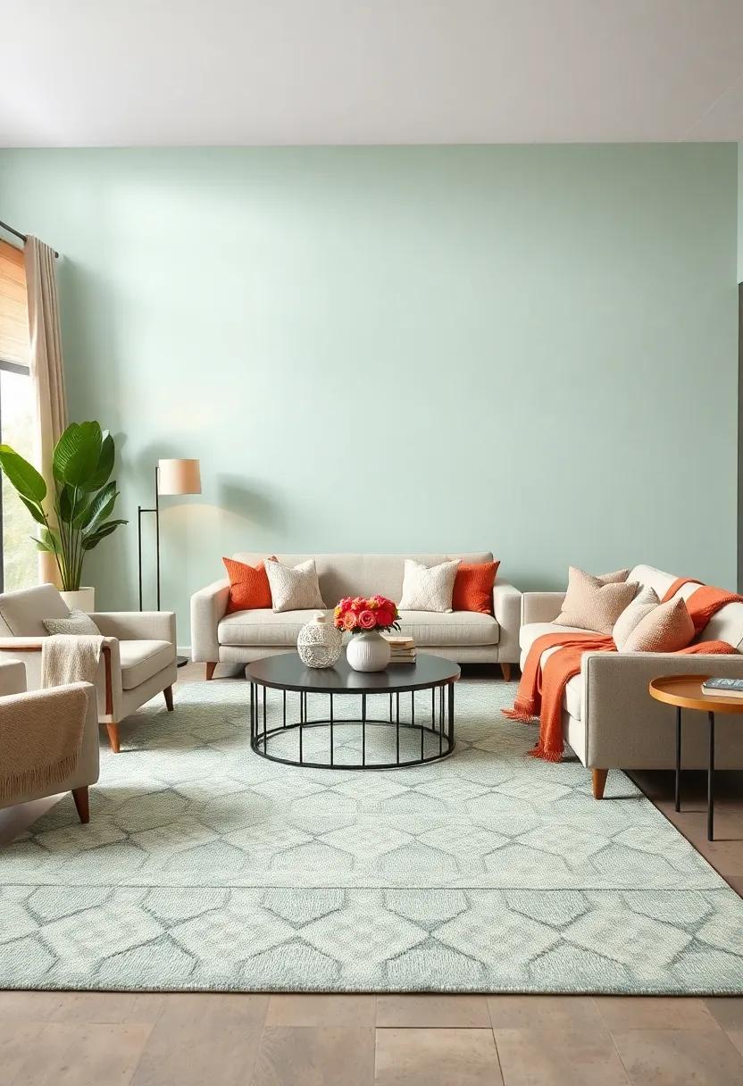 Create harmony with a mint green patterned area rug under neutral beige seating and soft blankets