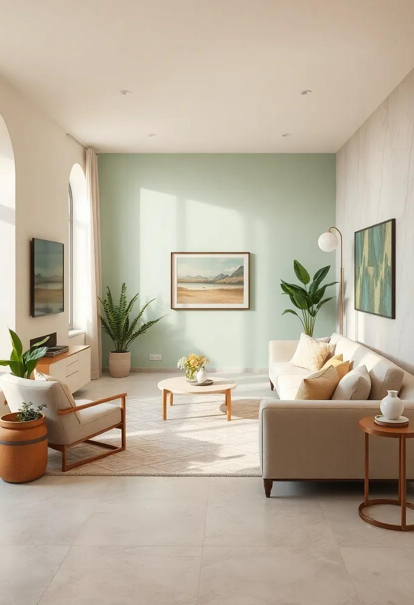 Finish with layered lighting in beige and mint green tones to set a tranquil and inviting atmosphere
