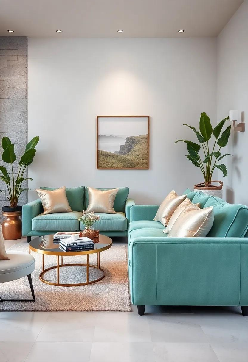 Add sparkle with metallic beige cushions on mint green velvet seating arrangements