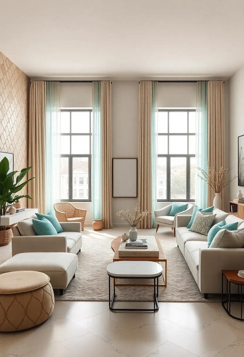 Use a mint green statement wall behind a beige sectional to draw focus and breathe life into your living room
