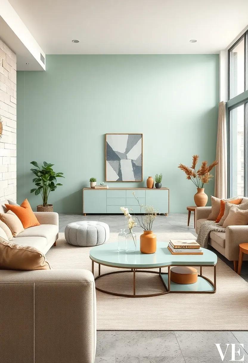 Mix soft mint green coffee tables with beige sofas to keep the area light and airy