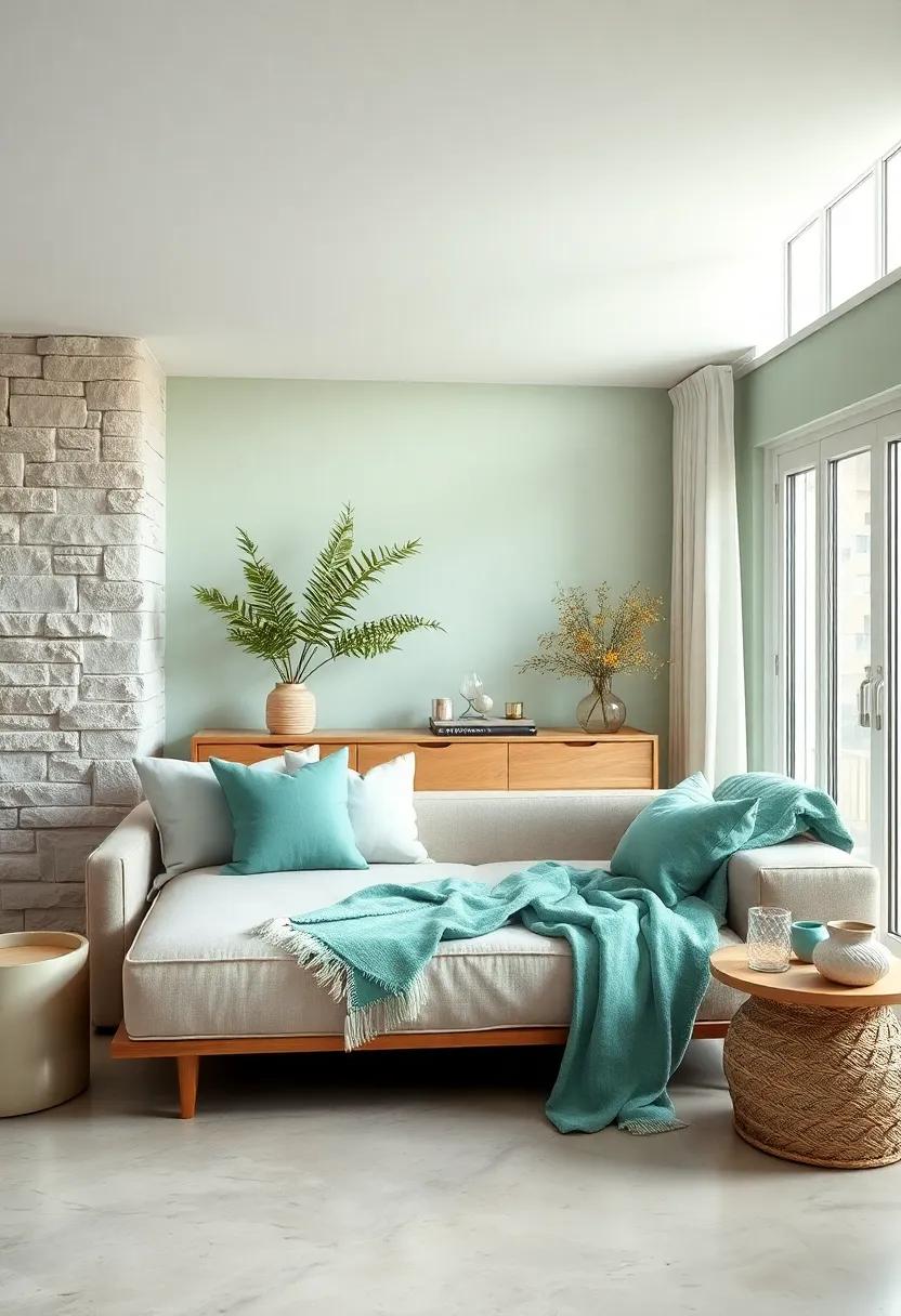 Design an inviting reading nook with a beige chaise lounge and mint green throw blankets and pillows