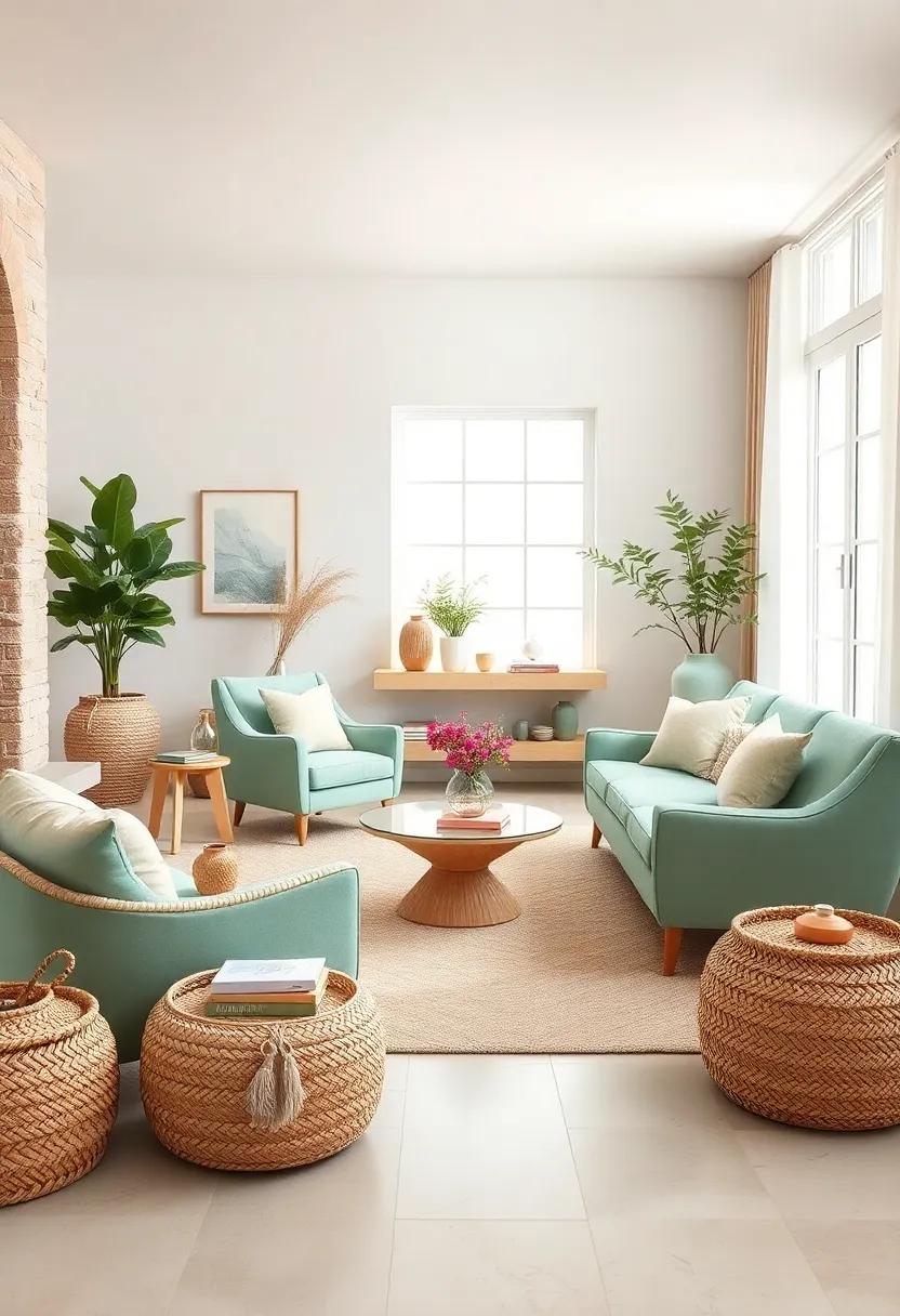 Opt for mint green accent chairs beside beige woven baskets and natural fiber rugs for a relaxed vibe