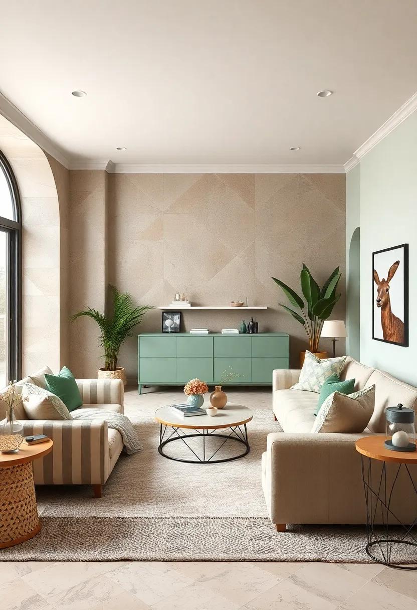 Layer different shades of beige and mint green in textiles, from rugs to cushions, to build depth and interest