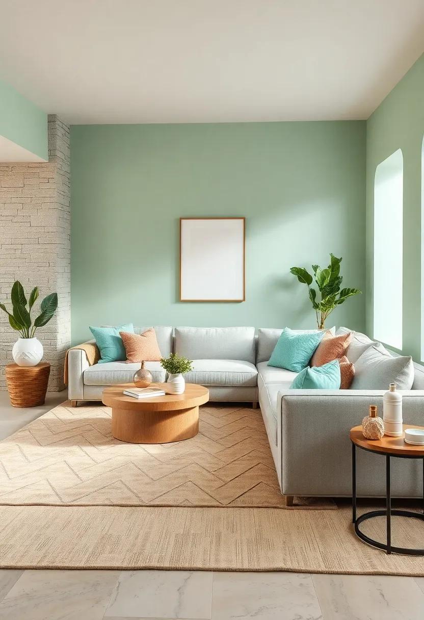 Incorporate natural wood accents and mint green throw pillows on a neutral beige rug to add warmth and texture