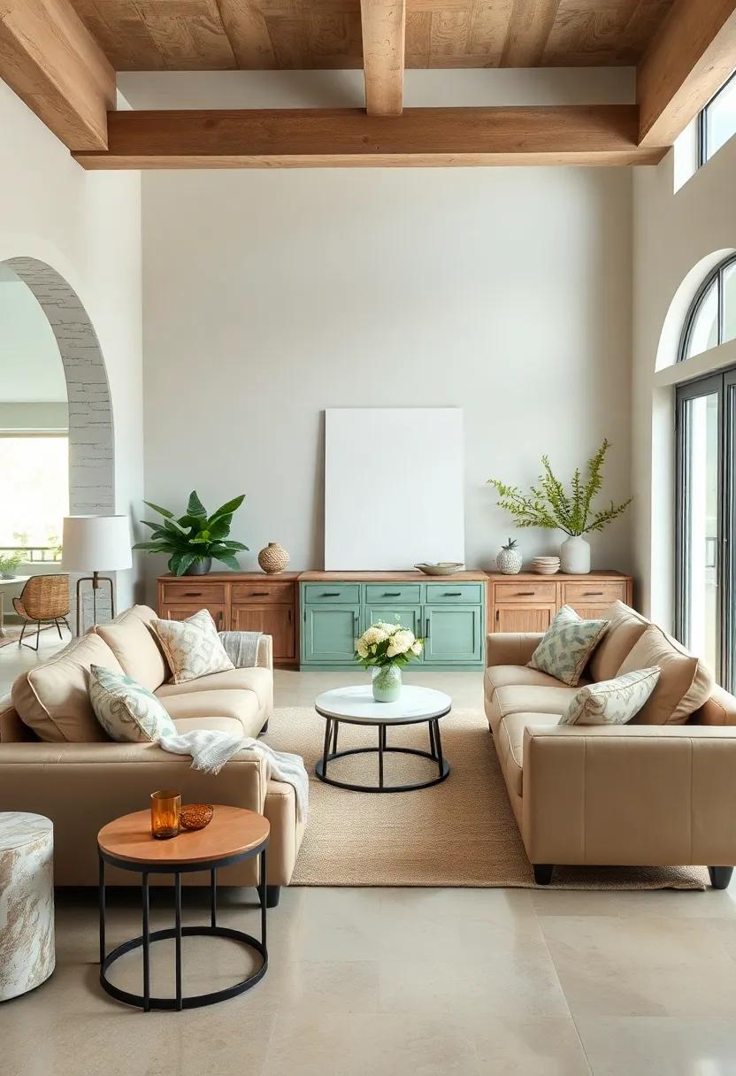 Blend contemporary and rustic styles using beige leather sofas paired with mint green distressed cabinetry