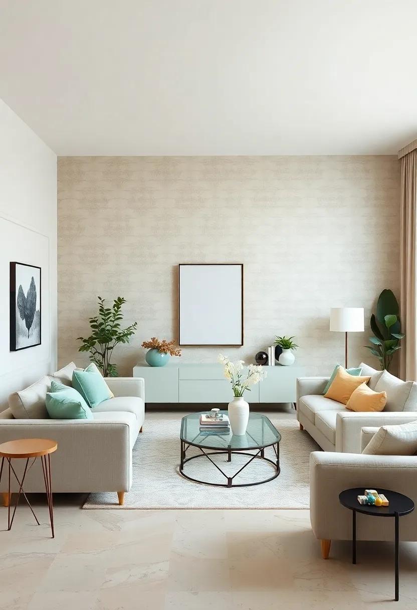 incorporate subtle mint green geometric patterns on beige wallpaper for understated elegance