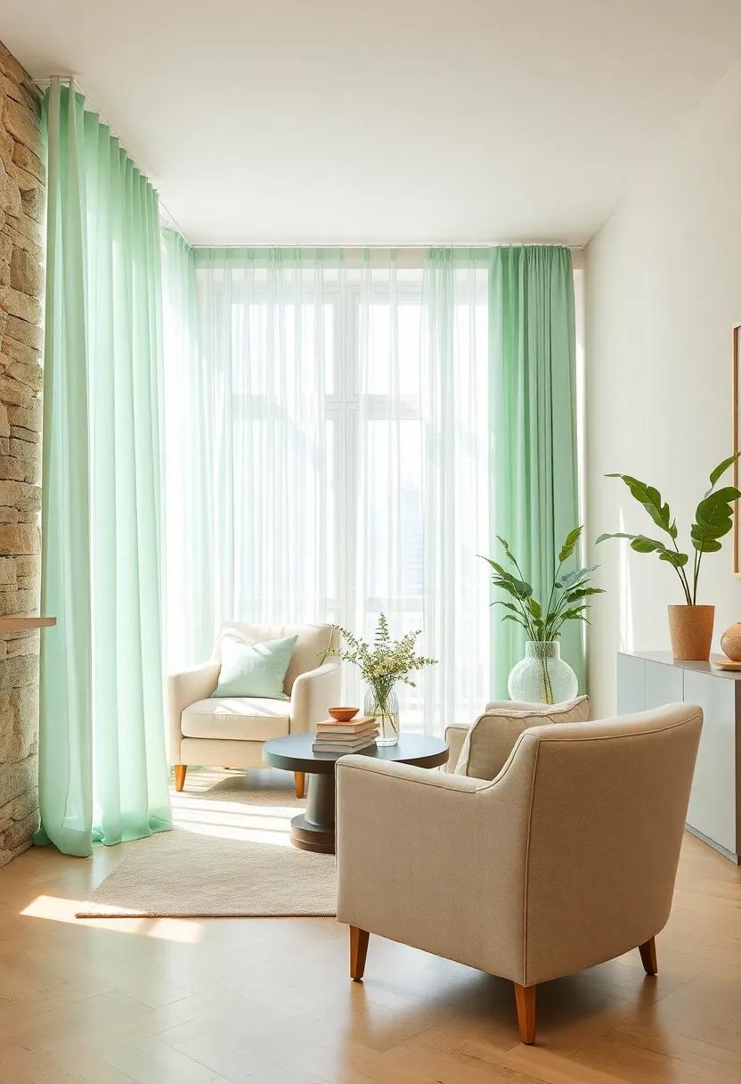 Infuse freshness with mint green curtains flowing gently over beige upholstered chairs in a sunlit room