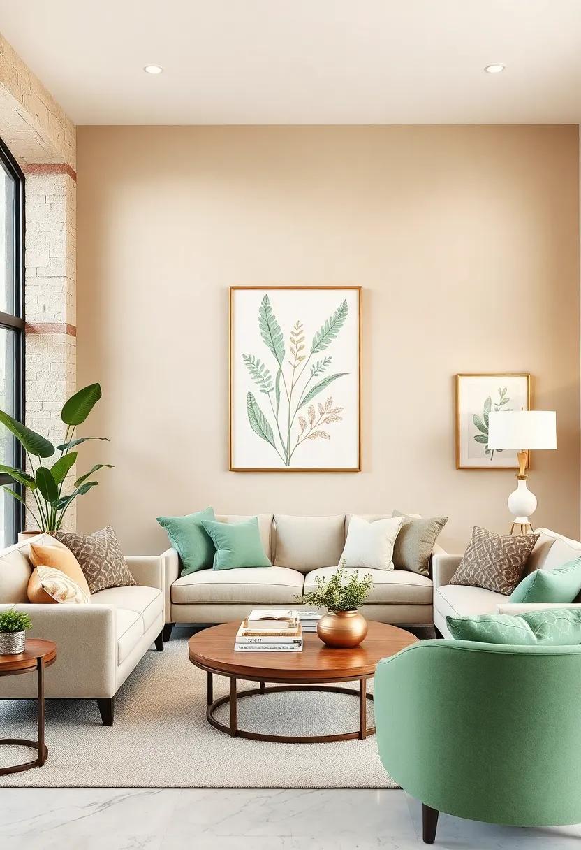 Elevate neutral beige walls with mint green art pieces and botanical prints for an organic touch