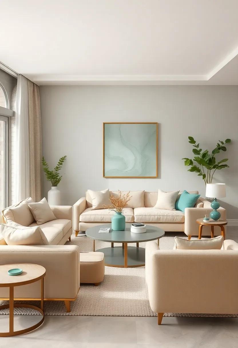 Balance modern minimalism with cozy charm by combining sleek beige furniture and subtle mint green decor pieces