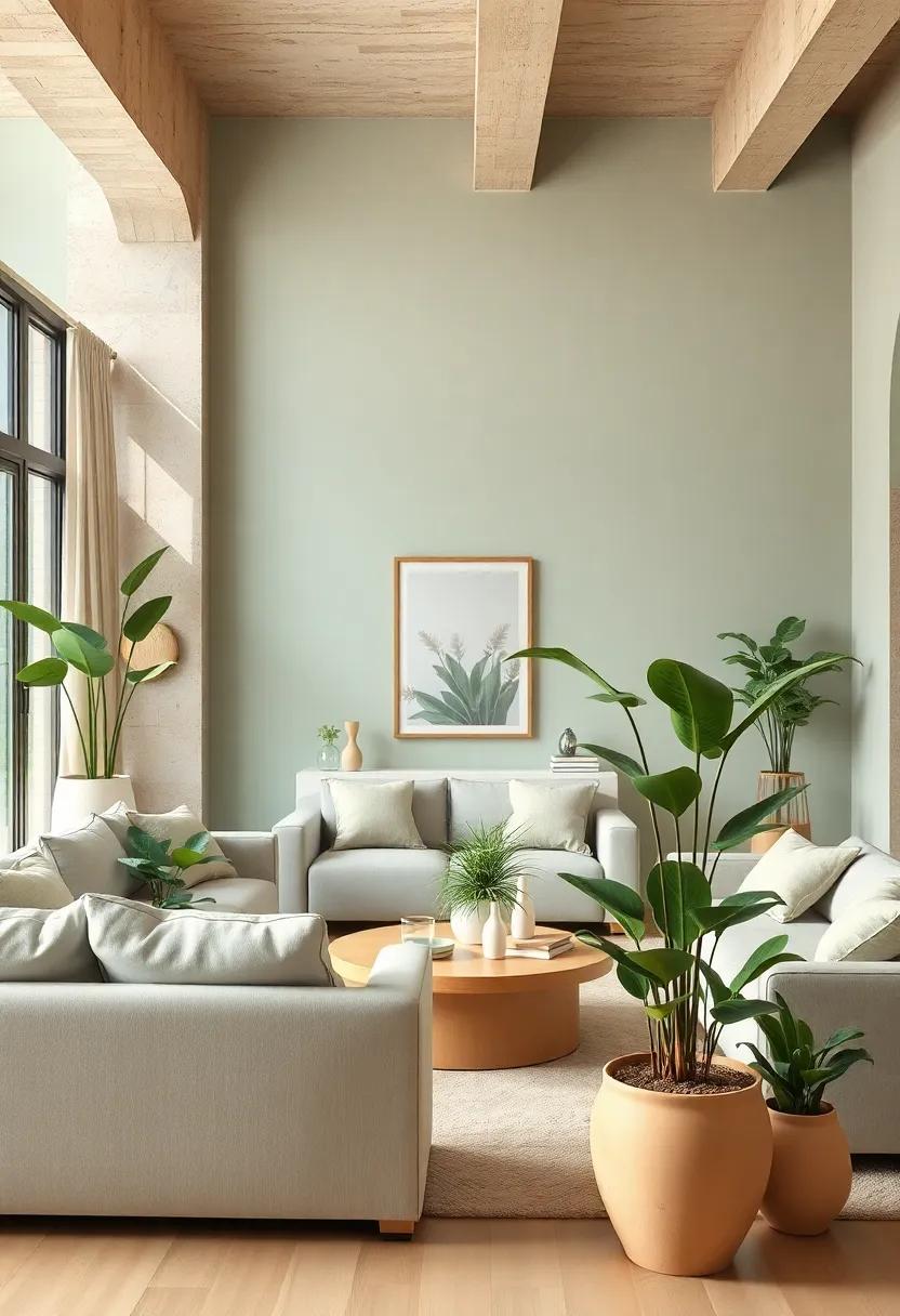 Use mint green indoor plants in beige pots to merge nature with your serene color scheme