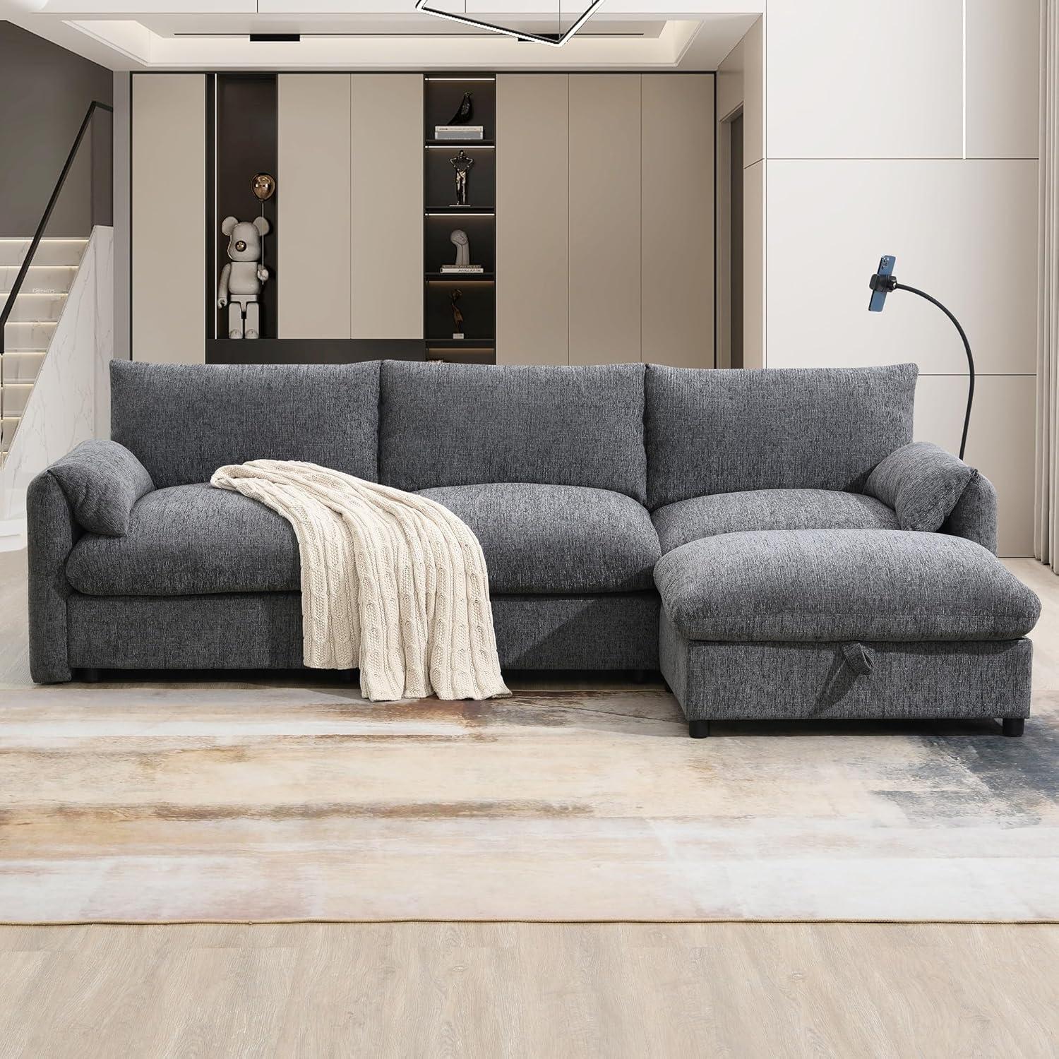 Spacious L Shaped Chenille Sofa With Smart Storage And Charging