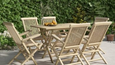 Spacious Solid Teak Patio Set With Folding Chairs For Outdoor Dining