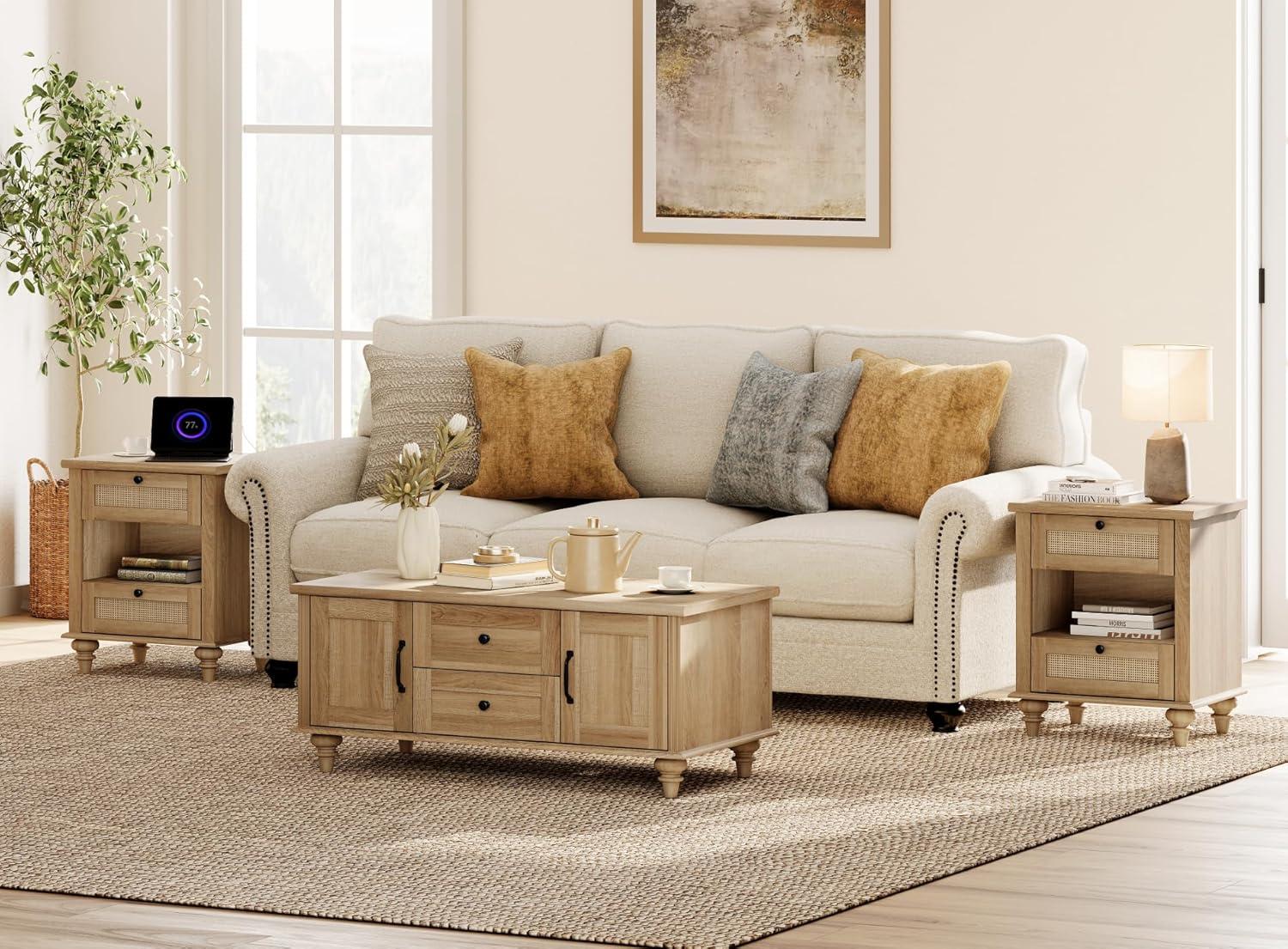 Wampat Oak Coffee Table Set Stylish Storage With Charging Power