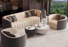 Curved Leather Sectional Sofa Set With Stylish Coffee Table