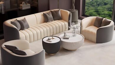 Curved Leather Sectional Sofa Set With Stylish Coffee Table