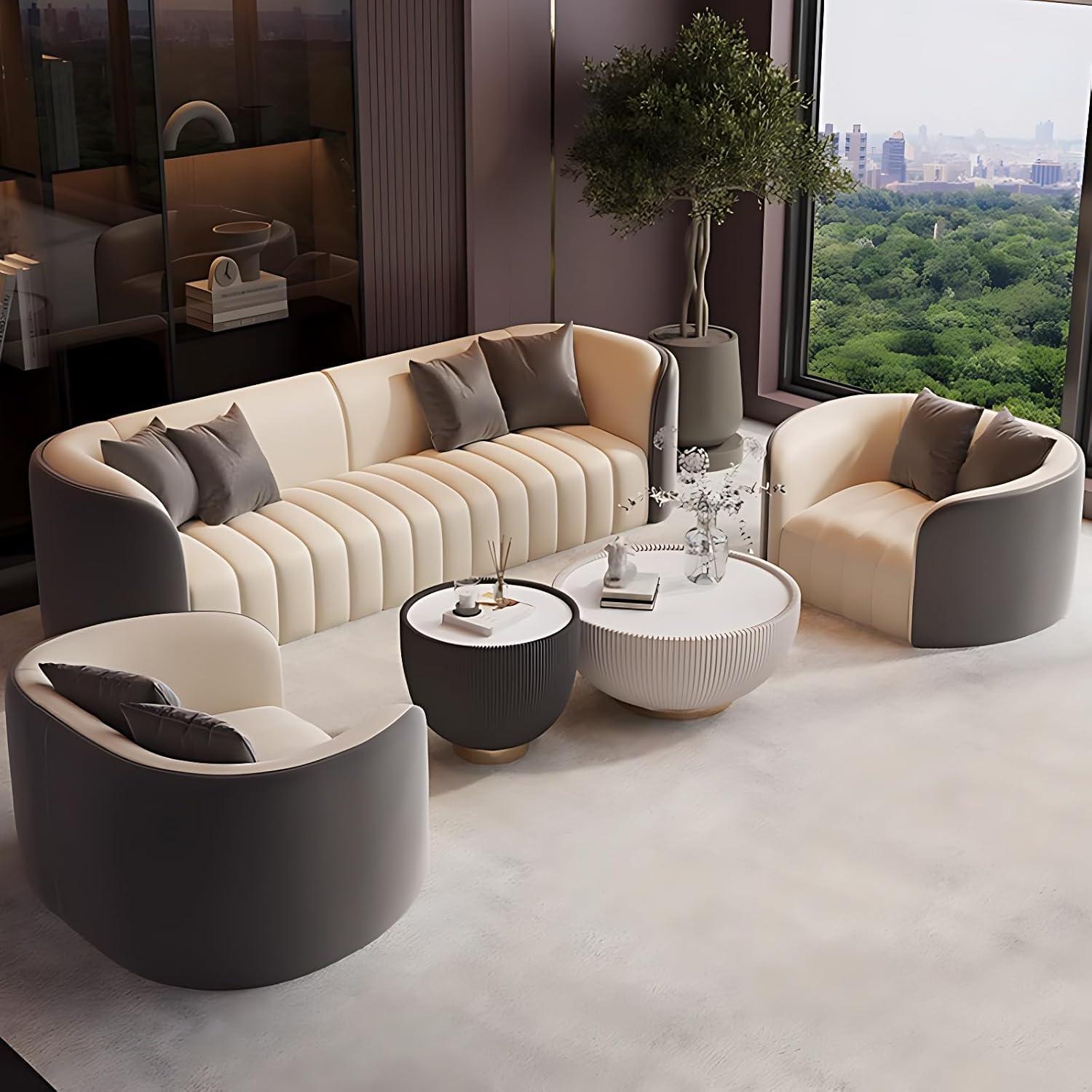 Curved Leather Sectional Sofa Set With Stylish Coffee Table