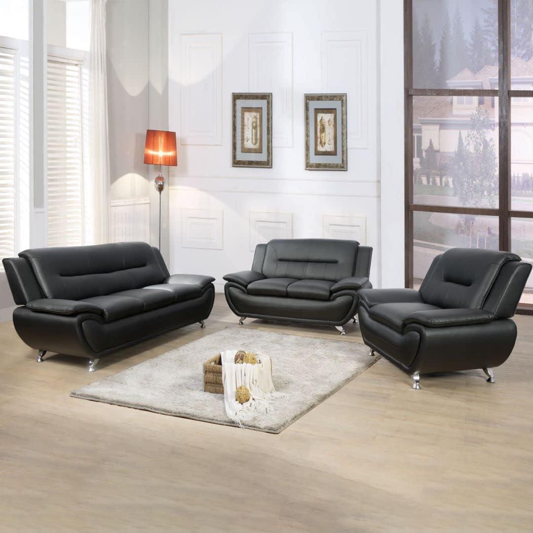 Flexible Black Faux Leather Sofa Set Comfort Meets Style