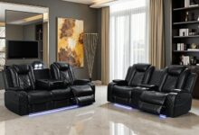 Modern Power Reclining Leather Sofa Sets With Led And Storage