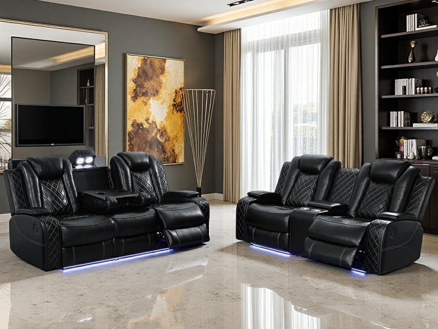 Modern Power Reclining Leather Sofa Sets With Led And Storage