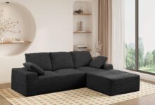 Spacious Corduroy Sectional Sofa With Versatile Ottoman Comfort