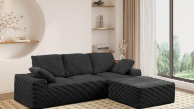 Spacious Corduroy Sectional Sofa With Versatile Ottoman Comfort