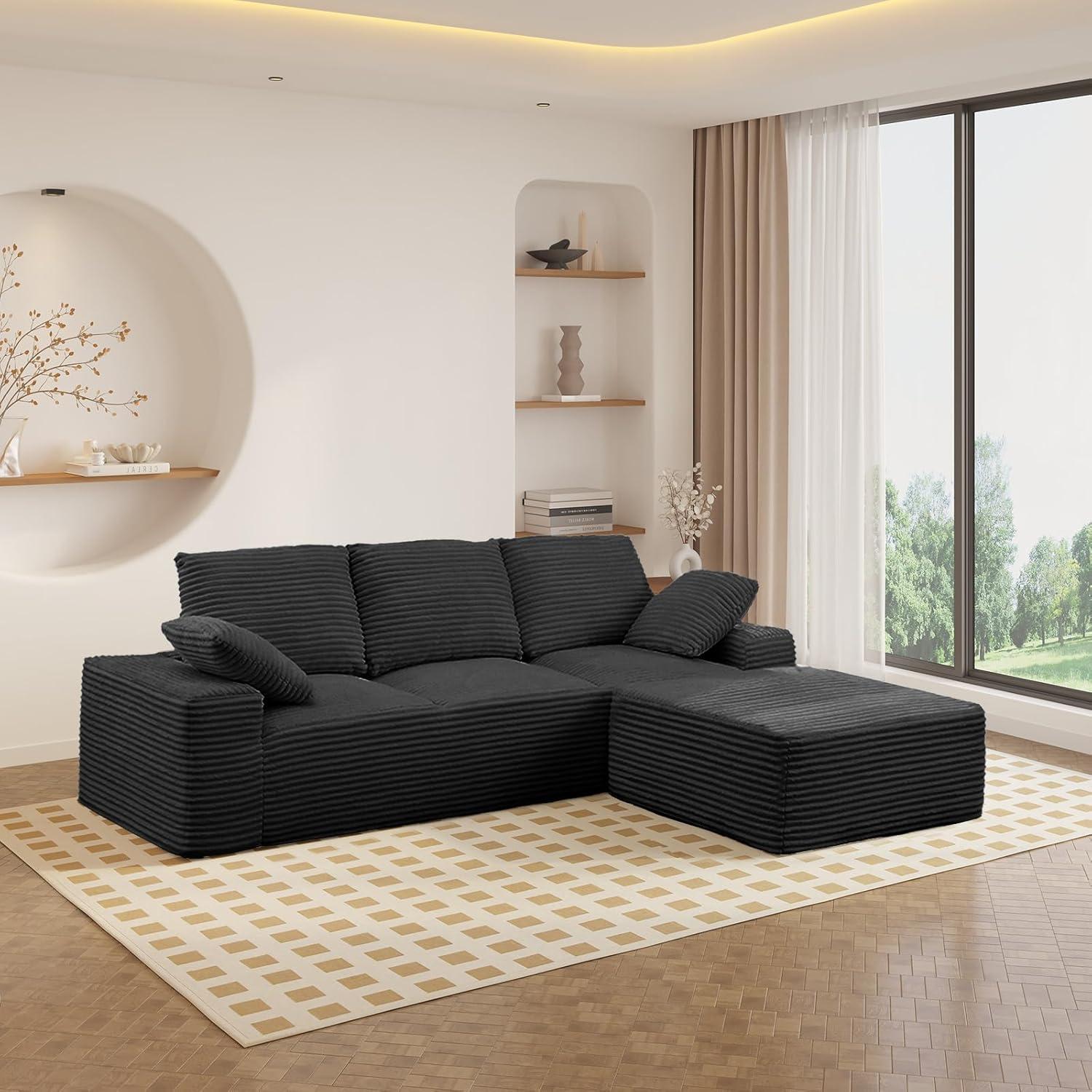 Spacious Corduroy Sectional Sofa With Versatile Ottoman Comfort