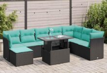 9 Piece Patio Sofa Set Black Rattan & Acacia: Fits your yard