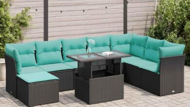 9 Piece Patio Sofa Set Black Rattan & Acacia: Fits your yard
