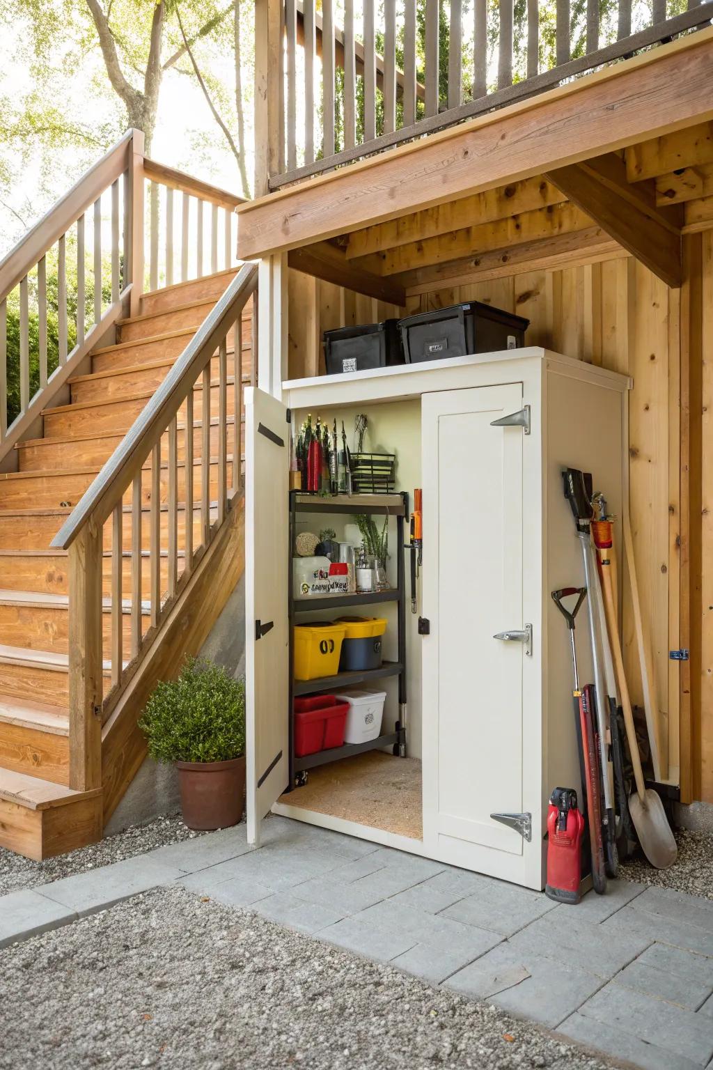 Organize your outdoor space with a smart storage shed under the stairs.