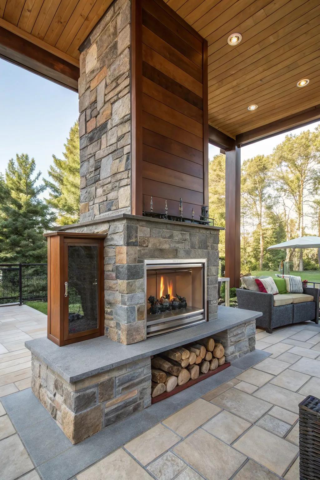 A unique fireplace crafted with wood, metal, and stone accents.