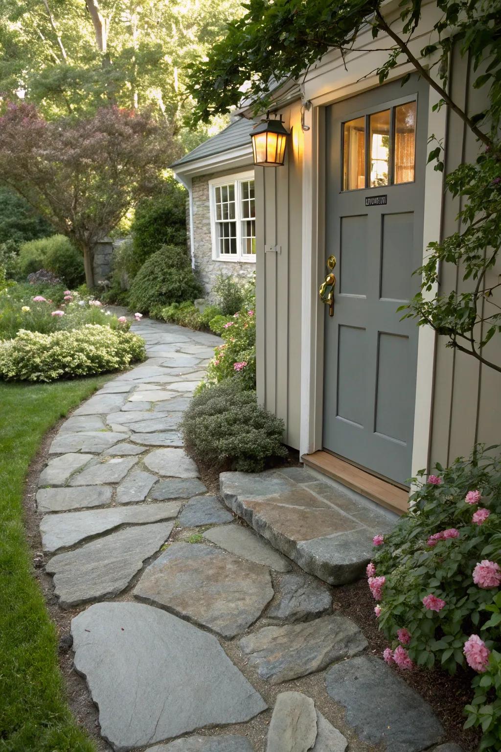 A charming stone pathway guiding visitors to the front door.