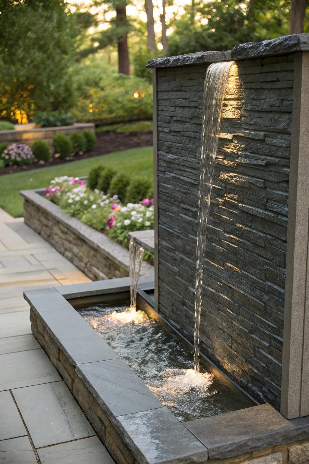 Water wall made from textured slate adding elegant depth.