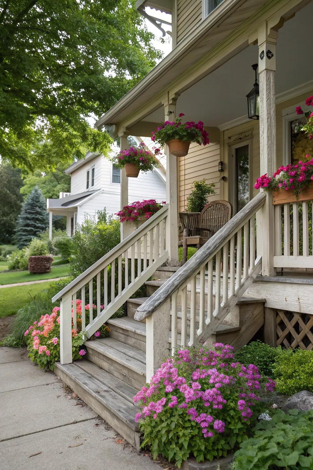 Classic wooden railings bring warmth and charm to any home entrance.