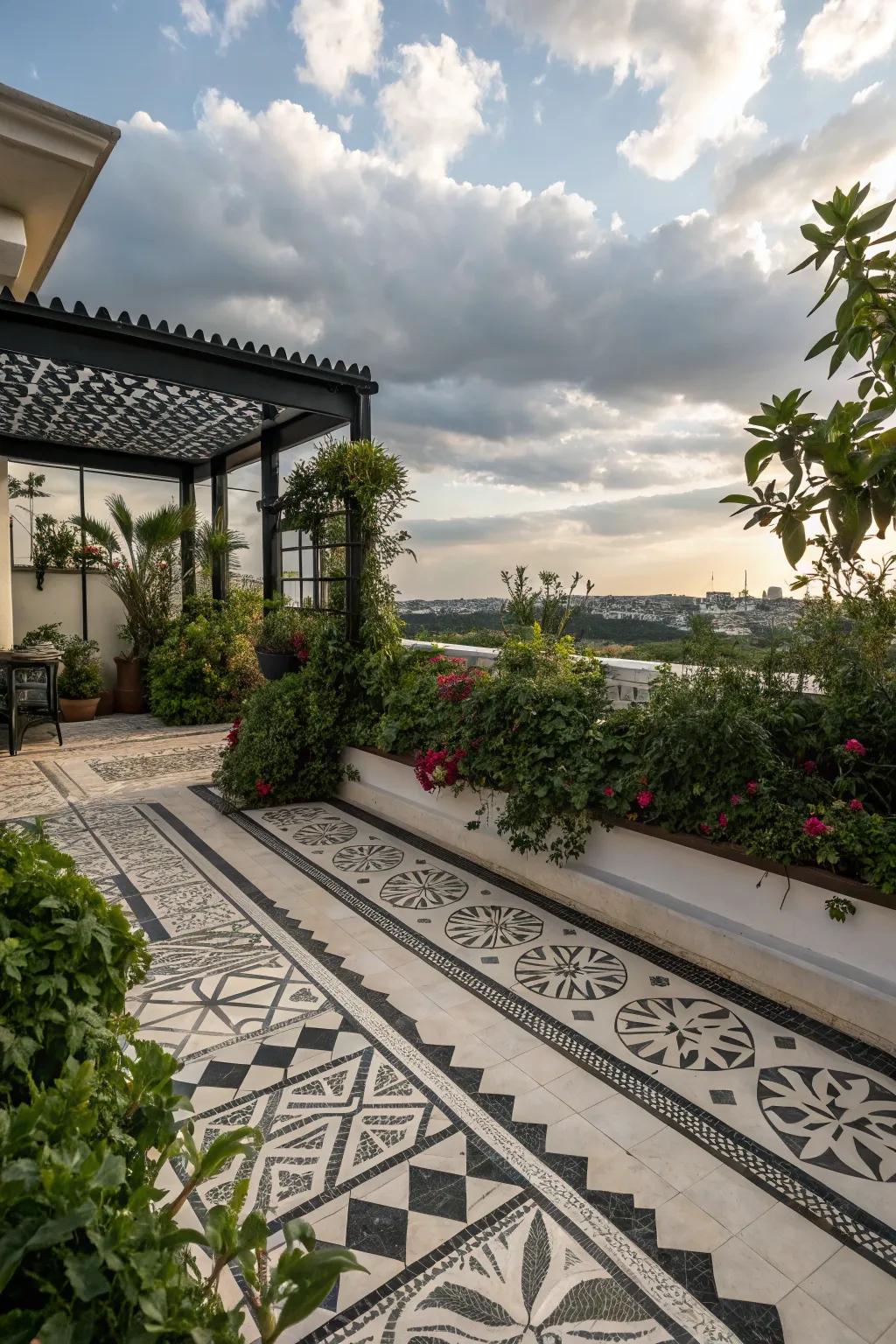 A modern patio with striking geometric tile designs.