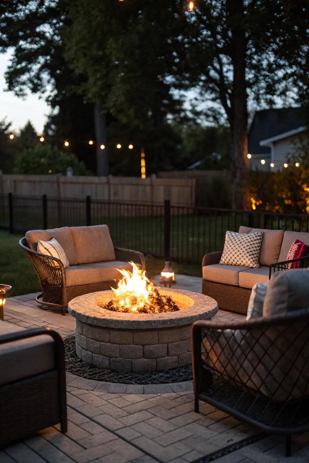 A central fire pit creates a welcoming focal point for your bonfire party.