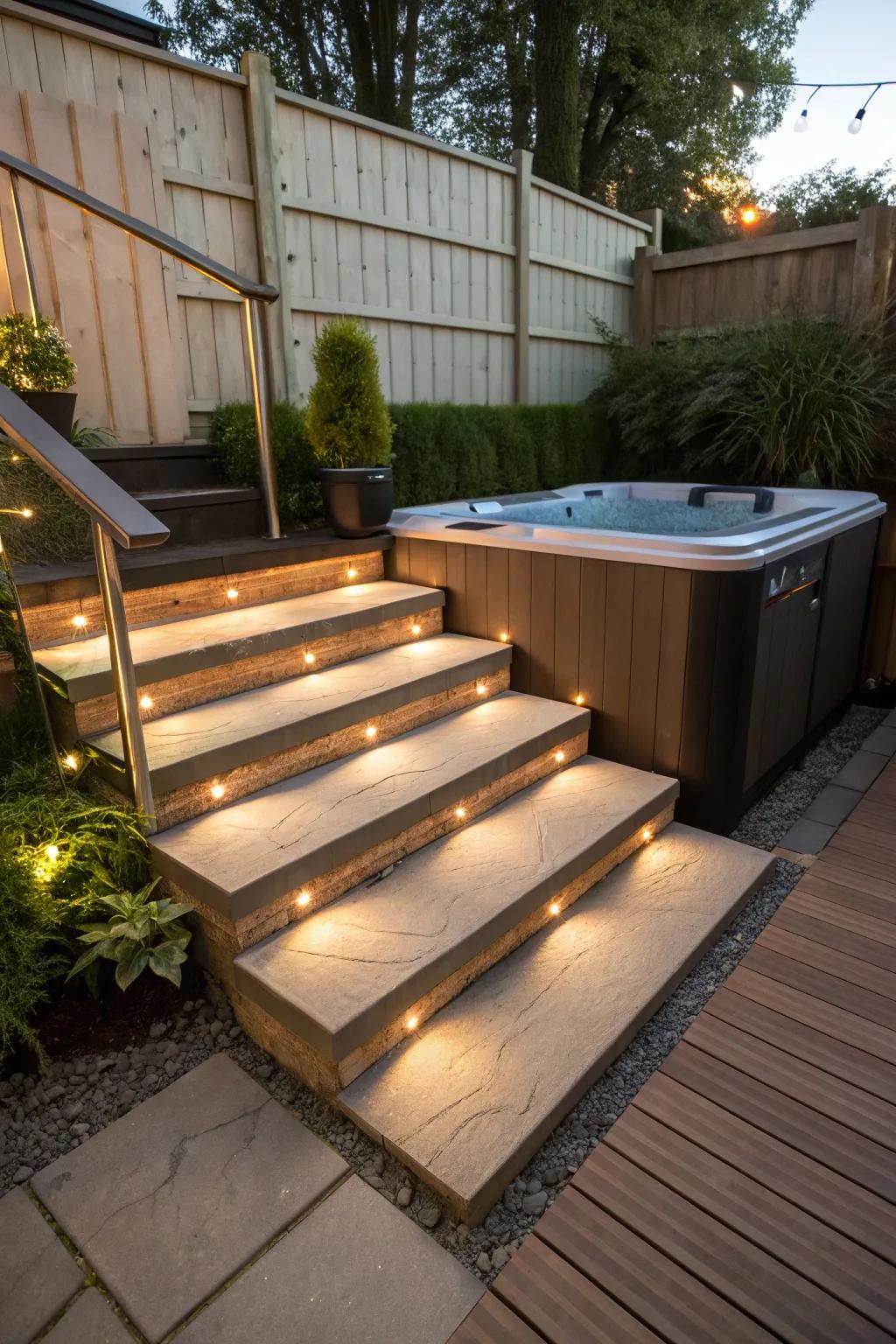 Save space with compact hot tub step designs.