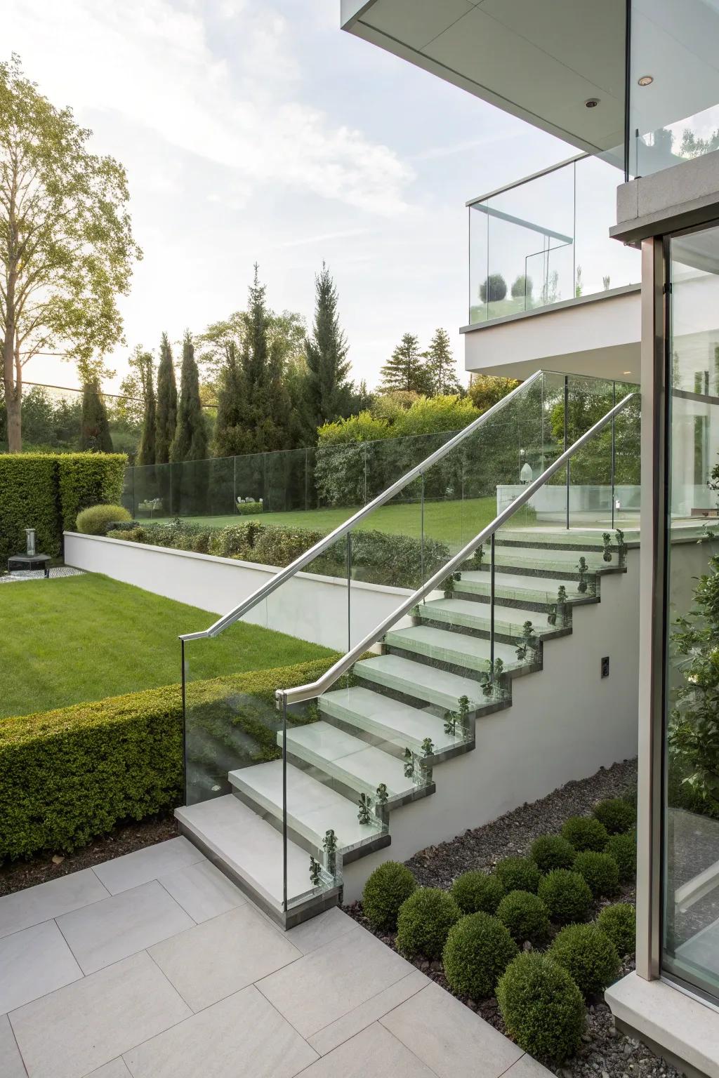 Glass panels offer a modern touch to staircases.